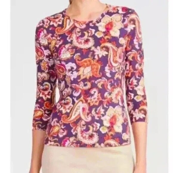 J. McLaughlin Tops - J. McLaughlin Paisley Bloom Purple Catalina Cloth Signature Tee 3/4 Slv Top XL